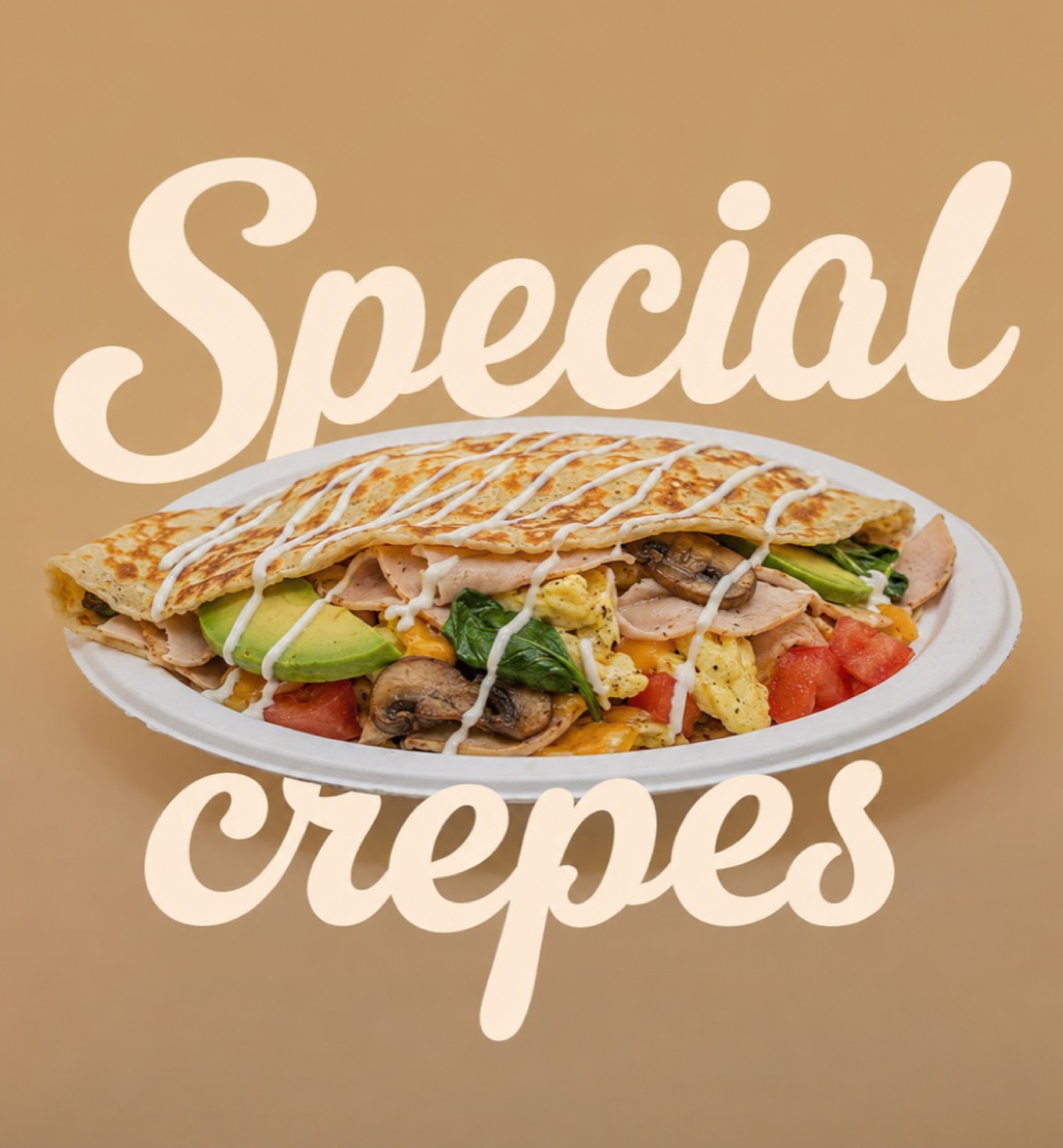 Special crepe with turkey, egg, avocado, mushroom, spinach and tomato
